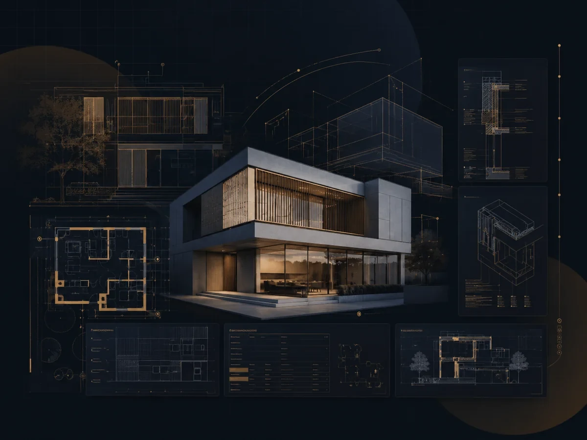 Representative architectural documentation visual with drawings and building imagery
