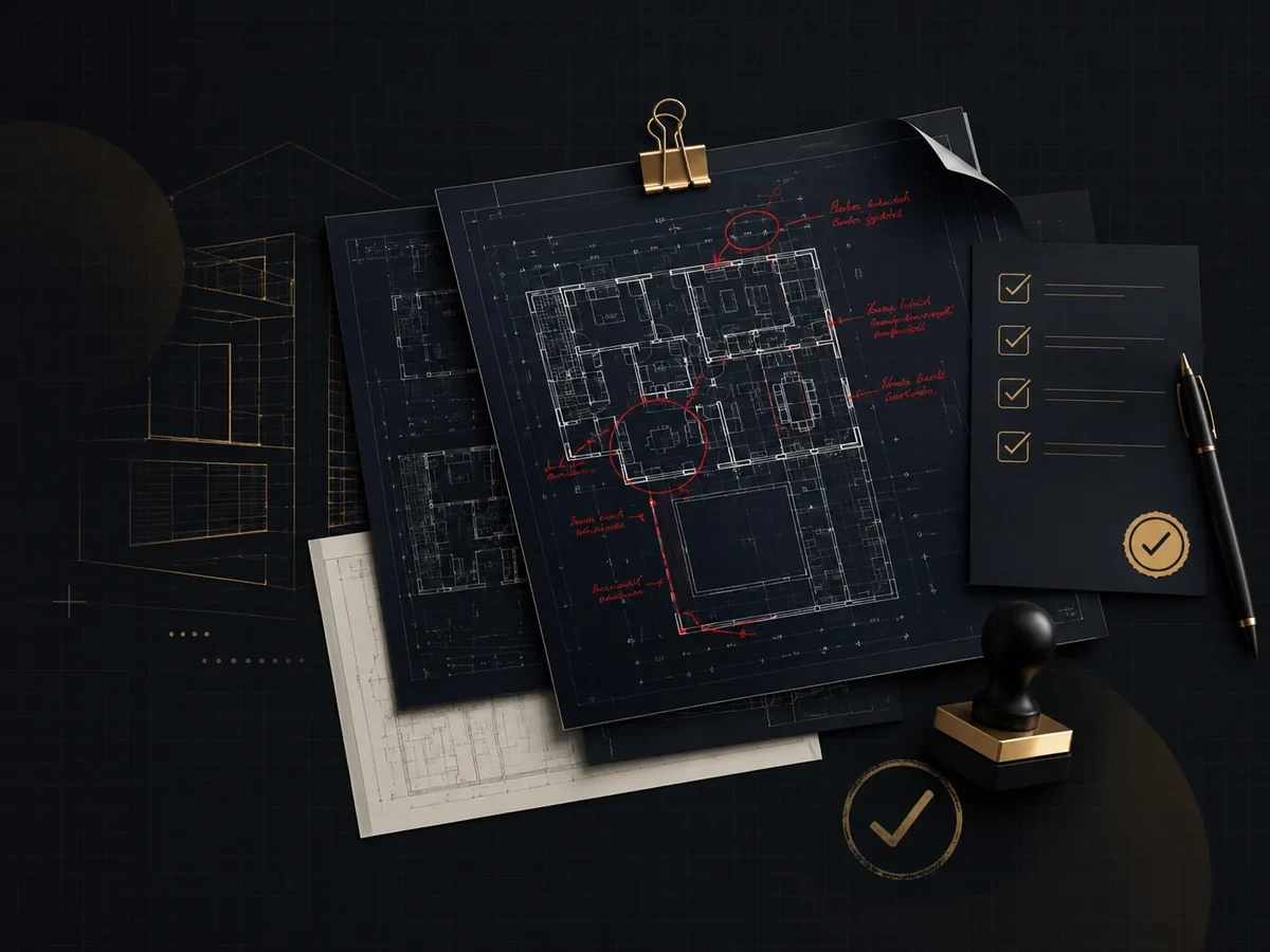 Representative building-code review visual with marked architectural drawings